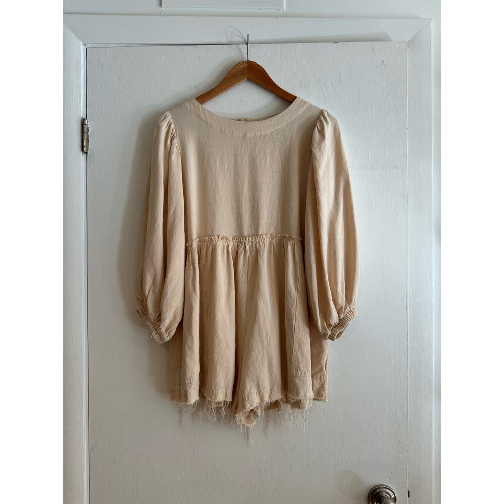 Lena Romper Shorts 3/4 puff sleeve cream button back raw edge short linen S